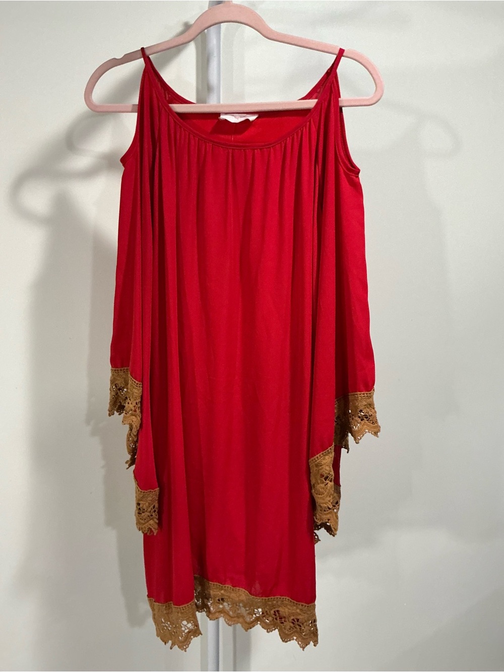 Peach Love California Red Cold-Shoulder Dress with Gold Lace Trim